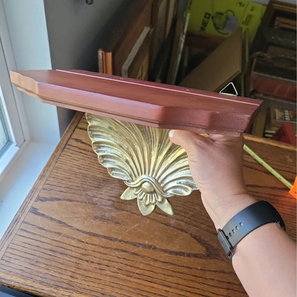 Vtg Seashell Wall Shelf Solid Brass Wood Scallop Gold Shell Hollywood Regency
